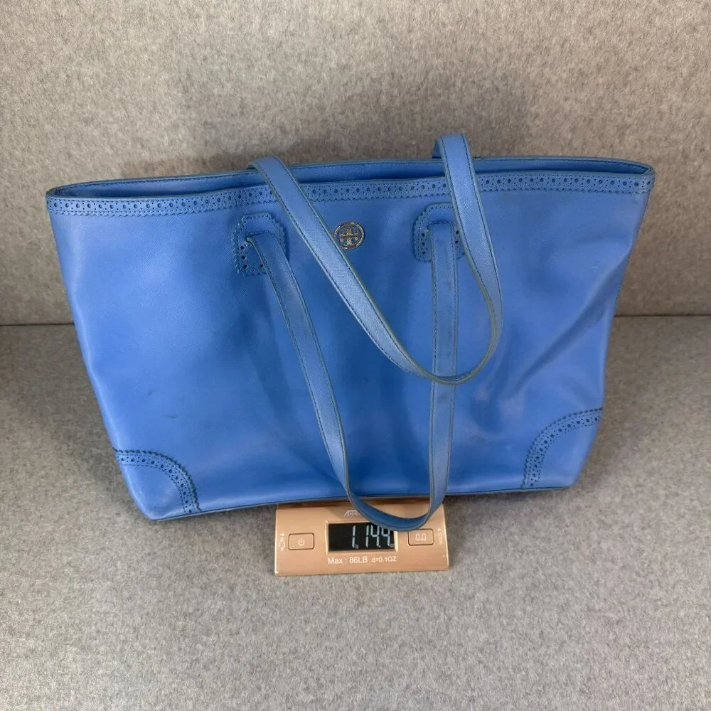 Tory Burch Blue Leather‎ Tote Bag Perforated Details Gold Logo  Shopper Tote